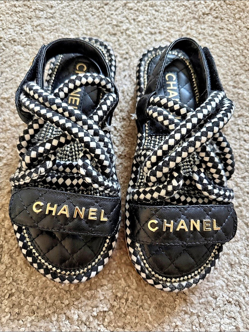 Chanel Cord Lambskin Quilted Logo Sandals Black & White